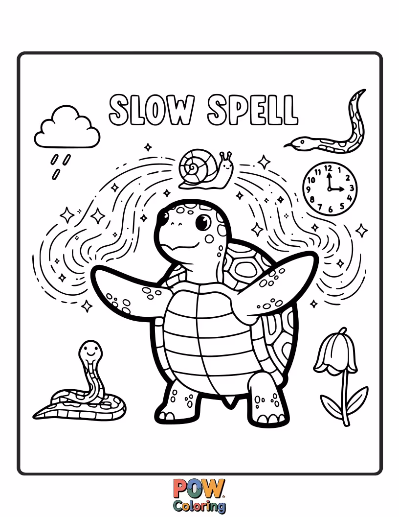 Free coloring page of A patient turtle is waiting for a wizard to finish a very, very slow spell. He’s brought a snack.
