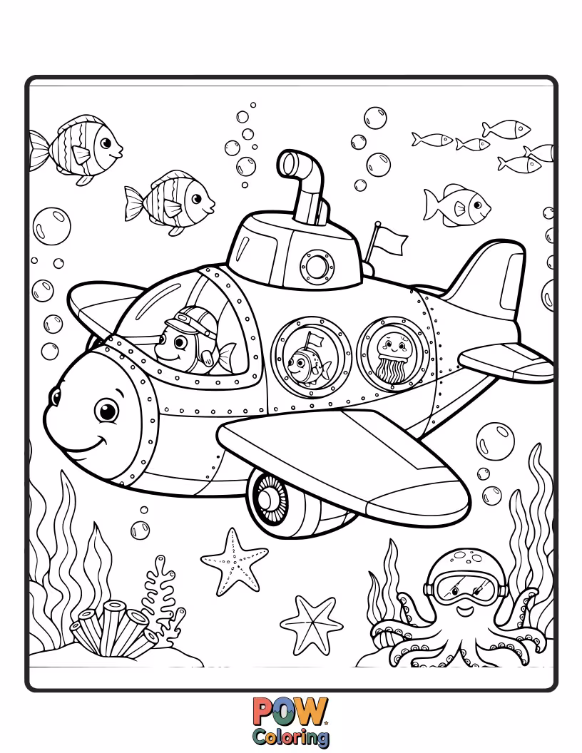 Free coloring page of An airplane transformed into a cheerful submarine, exploring a vibrant coral reef with playful sea creatures.