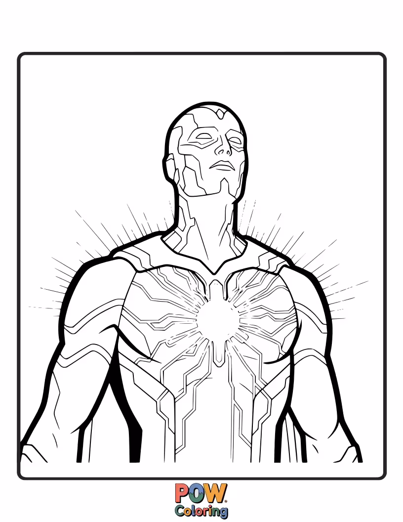 Free coloring page of Color Vision's serene face and the radiant Mind Stone on his forehead. Highlight his unique metallic sheen.