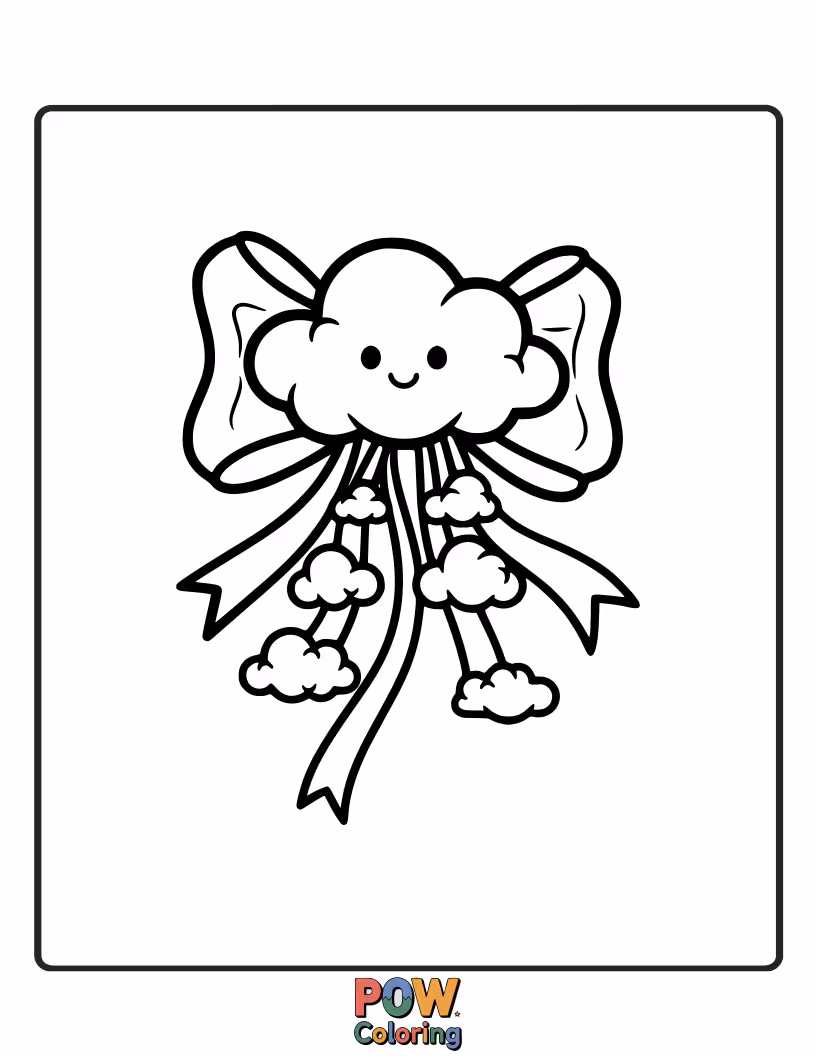 Free coloring page of A fluffy cloud shaped like a bow, adorned with sparkling stars and crescent moons for a dreamy, celestial feel.