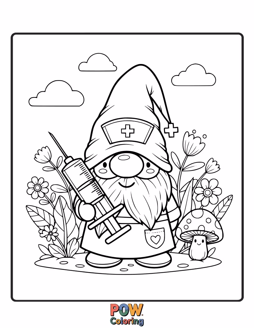 Free coloring page of A friendly gnome nurse with a mushroom cap stethoscope and herb-filled apron, ready to heal with nature's touch.