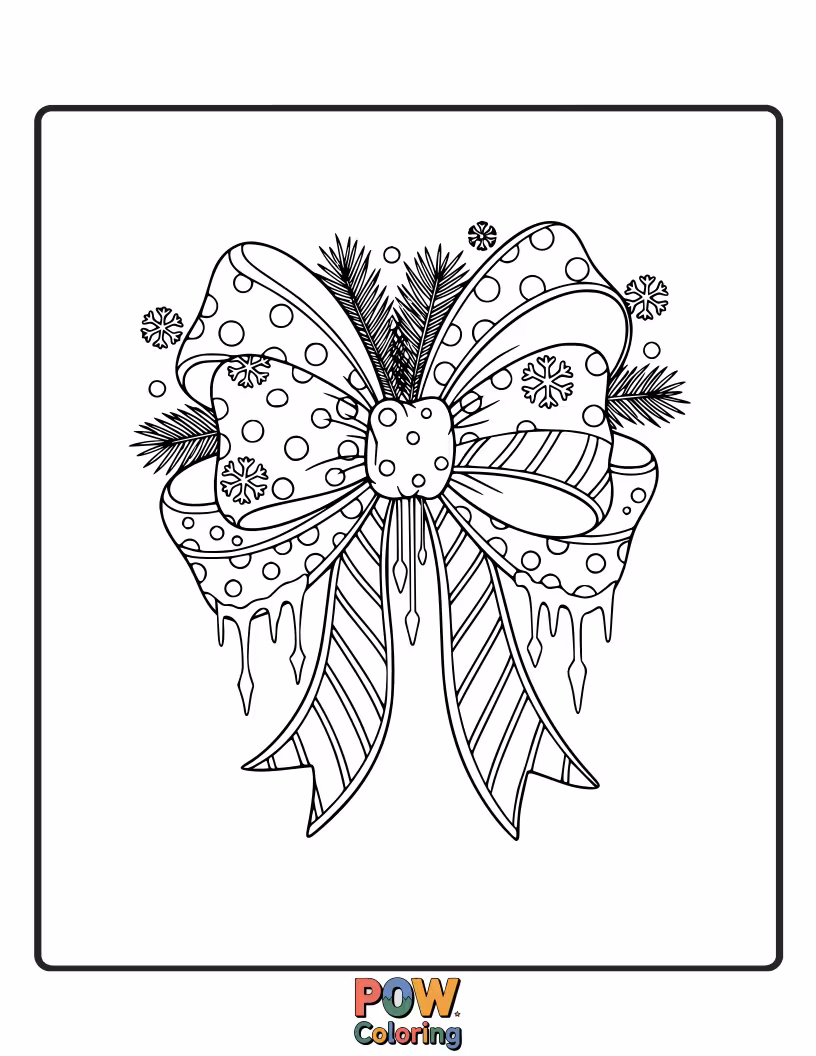 Free coloring page of A frosty bow adorned with snowflakes, icicles, and a jolly snowman, perfect for a cool, wintery escape.