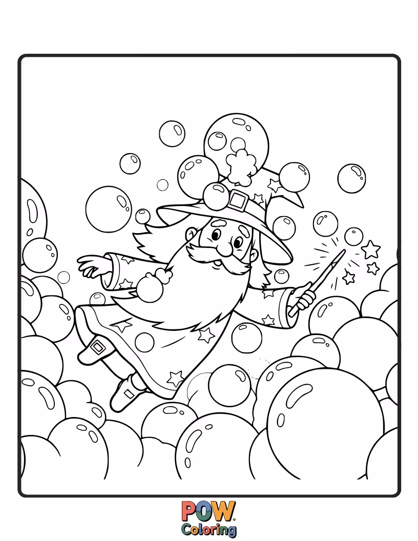 Free coloring page of A wizard is trying to blow a magical bubble, but it's getting comically large, threatening to engulf him.