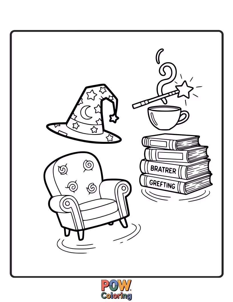 Free coloring page of A wizard's chair and desk are gently floating in mid-air while he reads a scroll.