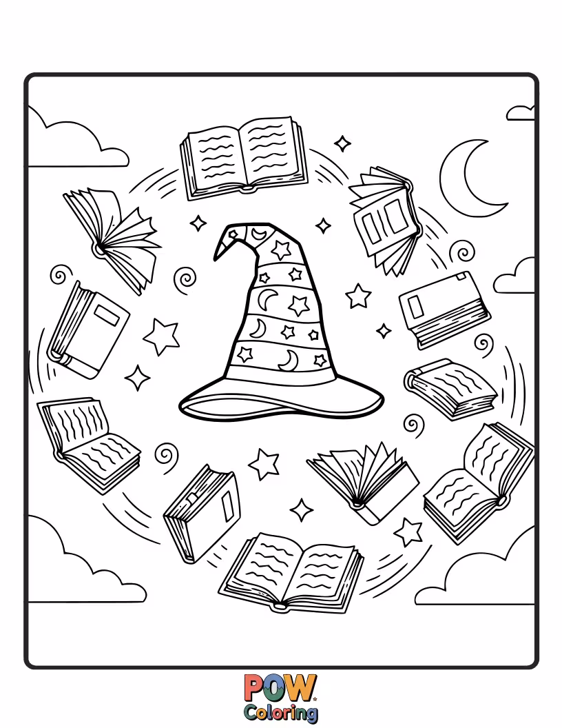 Free coloring page of A wizard is surrounded by books that have magically taken flight, circling his head like a scholarly halo.