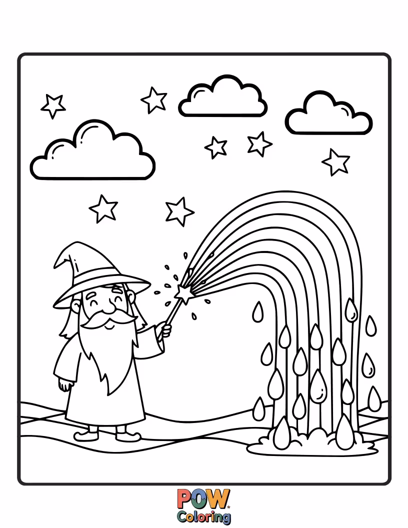 Free coloring page of A wizard is trying to cast a sunny spell, but instead, colorful rainbows are raining down on his hat.