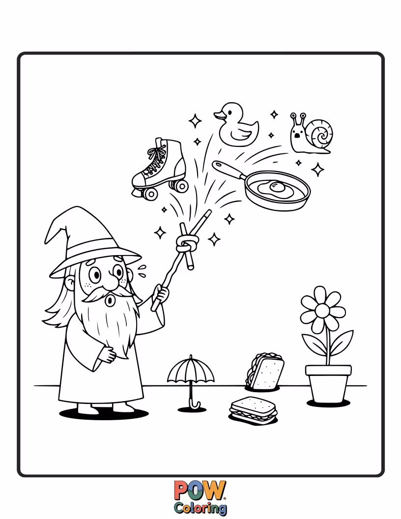 Free coloring page of A wizard accidentally conjures a giant rubber duck instead of a magnificent dragon. He looks utterly bewildered.