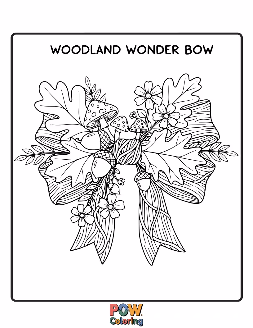 Free coloring page of A charming bow featuring whimsical mushrooms, friendly forest creatures, and delicate leaves, capturing the magic of the woods.