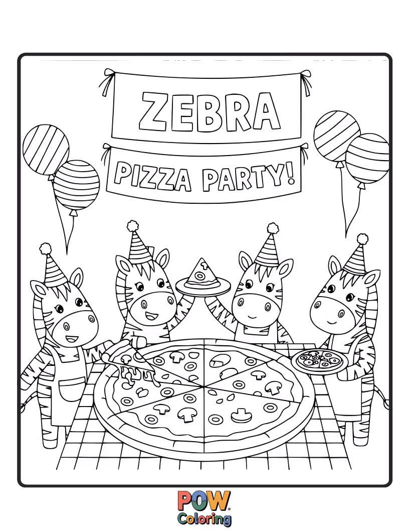 Free coloring page of A dapper zebra wearing a chef's hat, serving slices of pizza to its animal friends. Delicious fun!