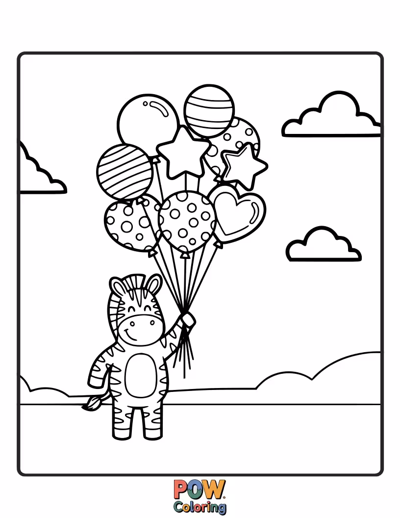 Free coloring page of A joyful zebra holding a large bouquet of brightly colored balloons, floating slightly off the ground.