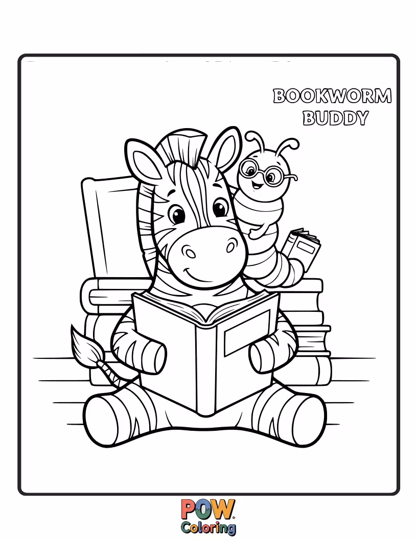 Free coloring page of A studious zebra with glasses, engrossed in reading a giant, open book filled with illustrations.