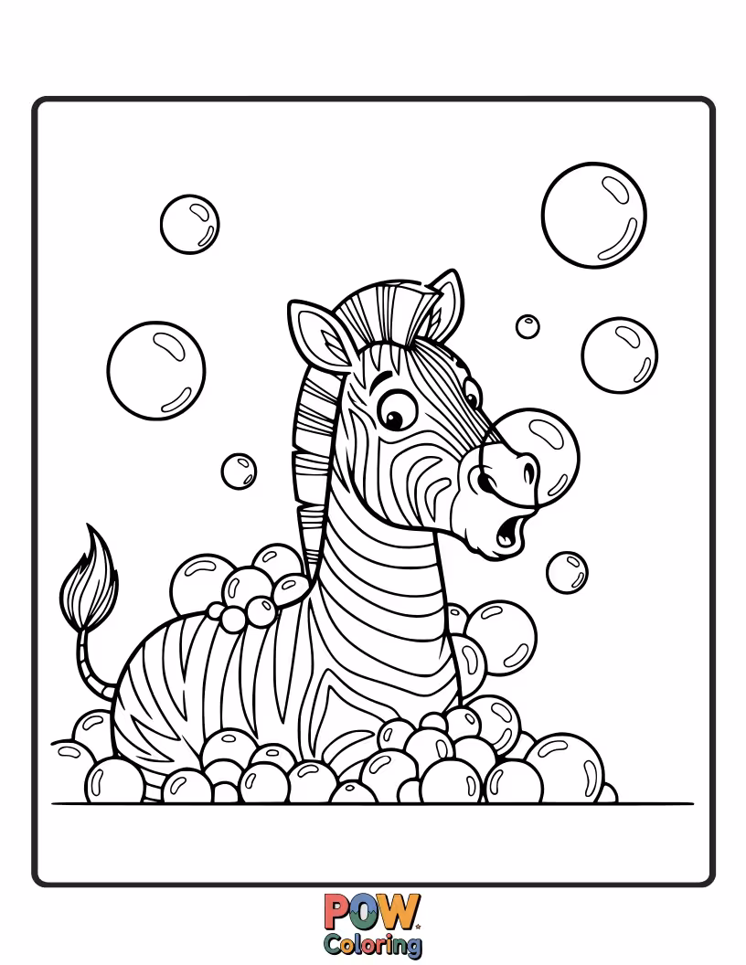 Free coloring page of A giggling zebra trying to catch giant, iridescent bubbles floating around its head.