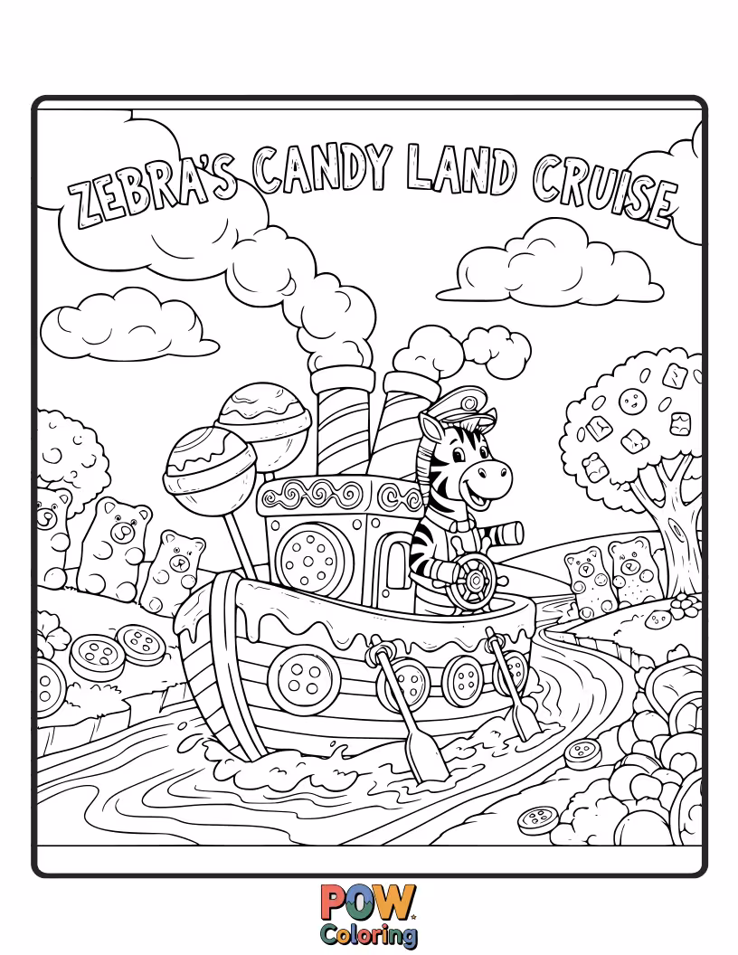 Free coloring page of A happy zebra sailing on a boat made of candy through a sugary sea.