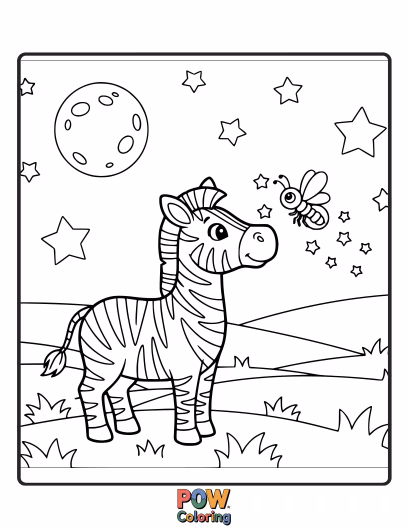 Free coloring page of A curious zebra chasing a trail of glowing fireflies on a warm summer evening.