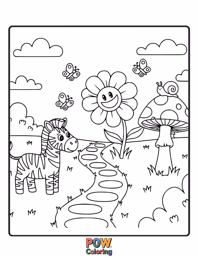 Free coloring page of A curious zebra carefully smelling a giant, colorful flower in a whimsical garden.
