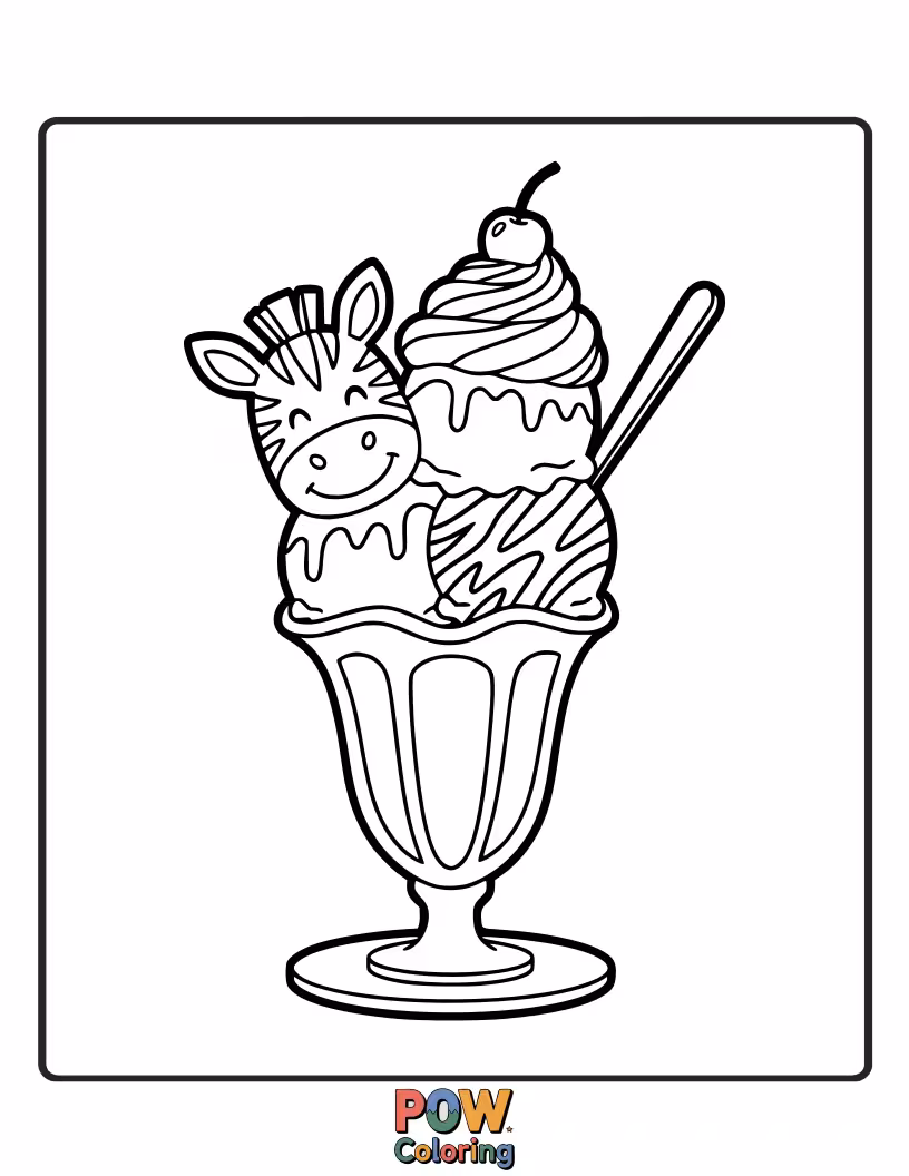 Free coloring page of A content zebra with a spoon, about to dig into a giant, elaborate ice cream sundae.