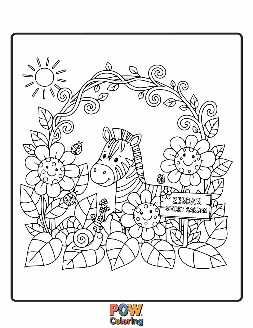 Free coloring page of A mysterious zebra discovering a hidden door leading into a lush, enchanted garden.