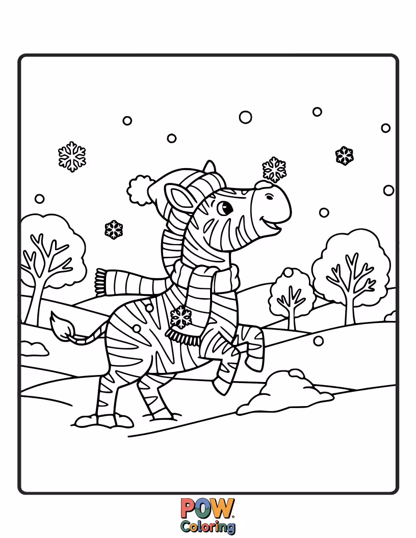 Free coloring page of A bundled-up zebra gleefully sledding down a snowy hill, leaving a trail of giggles.