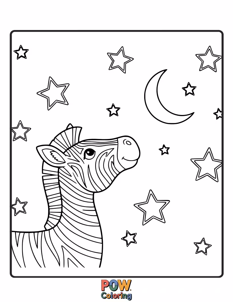 Free coloring page of A gentle zebra gazing up at a sky filled with twinkling stars, crescent moons, and shooting stars.
