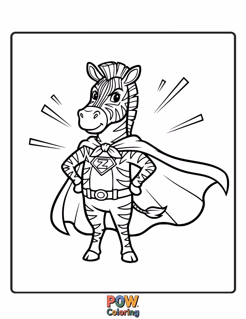 Free coloring page of A heroic zebra striking a powerful pose, cape flowing, ready to save the day.