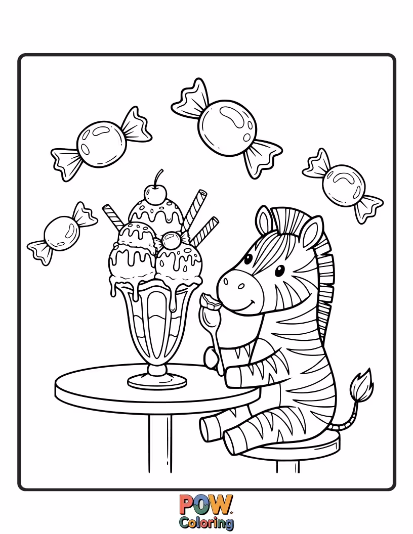 Free coloring page of A delighted zebra enjoying a giant ice cream cone with colorful sprinkles and a cherry on top.
