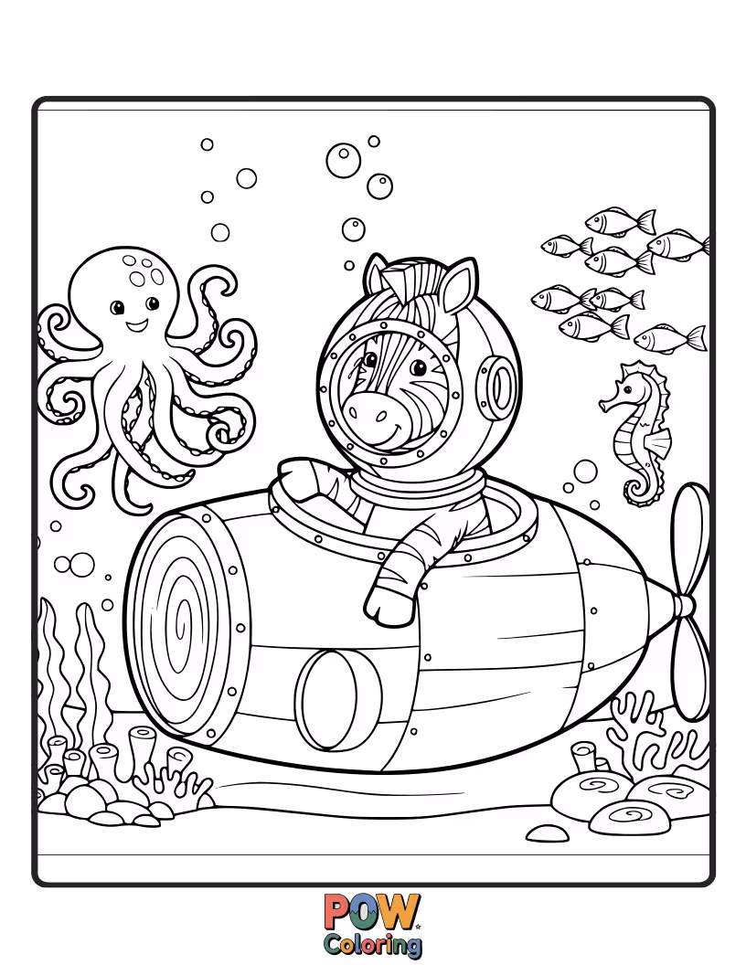 Free coloring page of A curious zebra exploring a vibrant coral reef, swimming amongst colorful fish and seaweed.