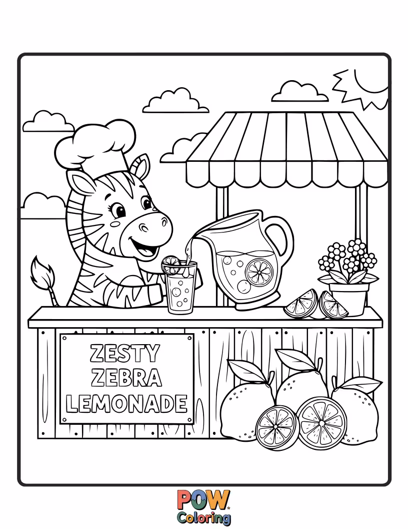 Free coloring page of A cheerful zebra squeezing lemons with a big smile, surrounded by refreshing glasses of lemonade and ice.