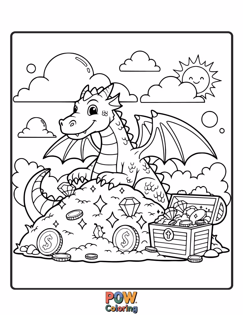 Free coloring page of A baby dragon guarding a pile of shiny gems and gold coins. A fantasy adventure for brave colorists.