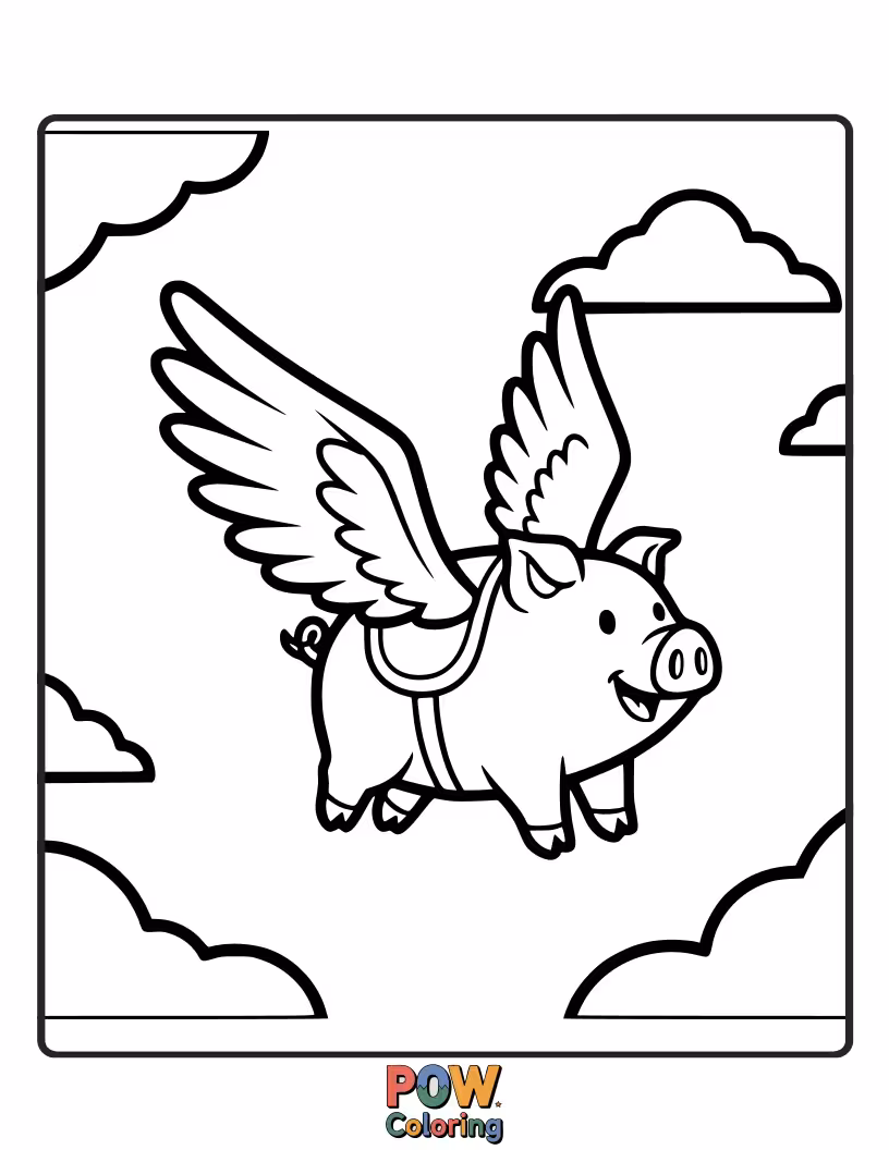 Free coloring page of A cheerful pig with butterfly wings, soaring through fluffy clouds. A whimsical and joyful scene to color freely.