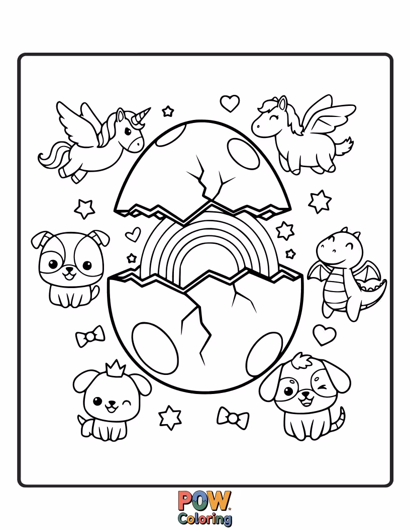 Free coloring page of A fluffy unicorn with a rainbow mane and tail, surrounded by sparkling stars and clouds. Perfect for vibrant coloring!