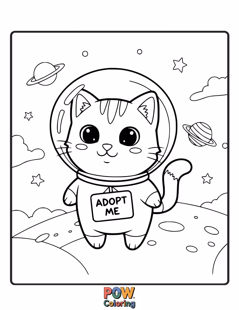 Free coloring page of A cool cat wearing a silver spacesuit and helmet, floating with a starry background. An interstellar adventure for feline fans.