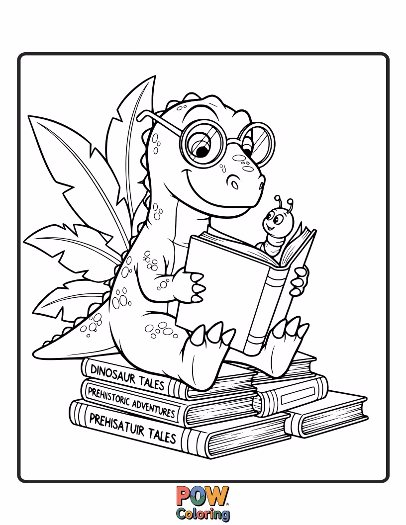 Free coloring page of A studious Allosaurus with spectacles, engrossed in a gigantic book. Inspire young readers with this intellectual dino.