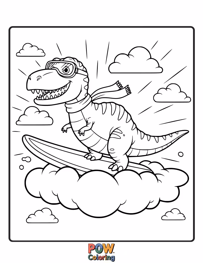Free coloring page of A playful Allosaurus gleefully riding on a fluffy cloud, with a big, happy grin. Dreamy and uplifting!