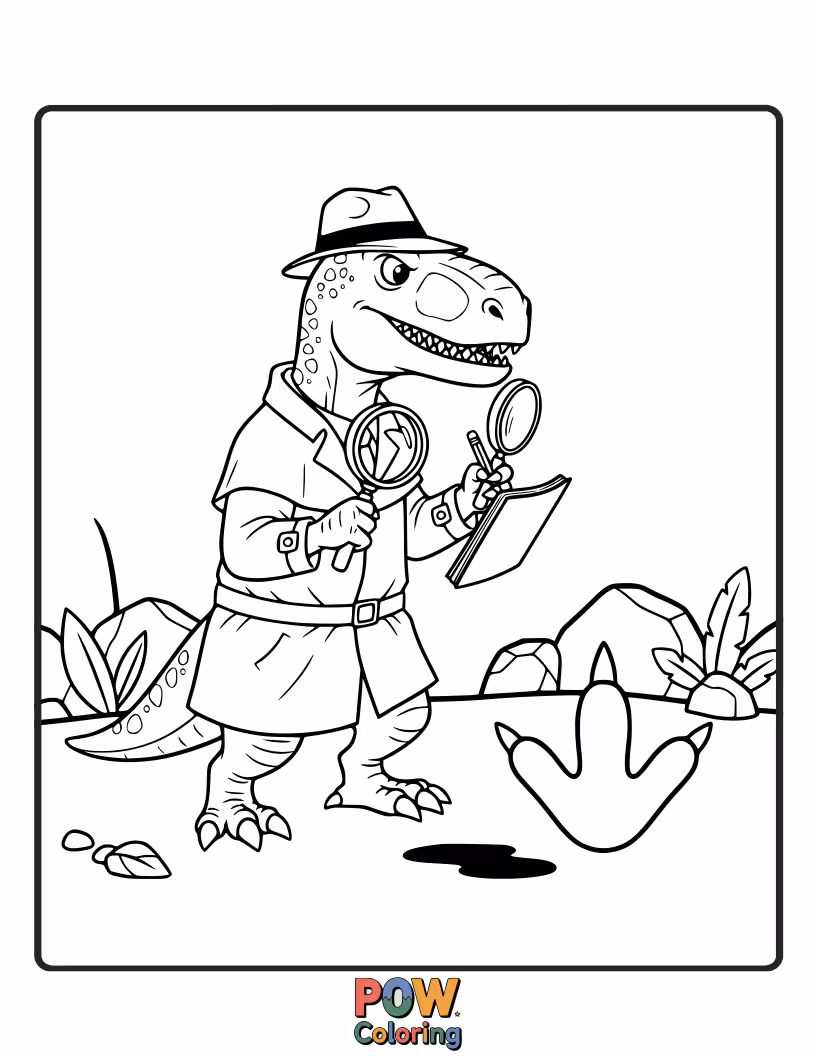 Free coloring page of This keen-eyed Allosaurus sports a deerstalker hat, magnifying glass in hand, solving a mystery.