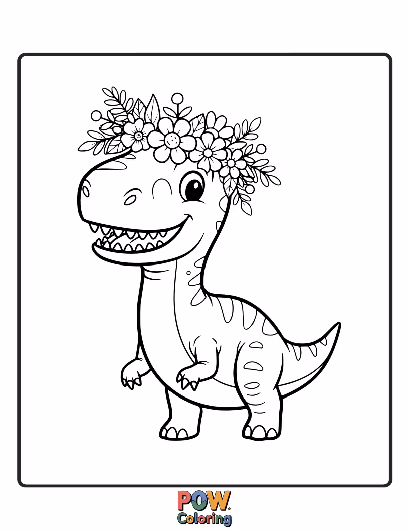 Free coloring page of A beautiful Allosaurus wearing a delicate crown made of vibrant flowers. A serene and lovely natural design.