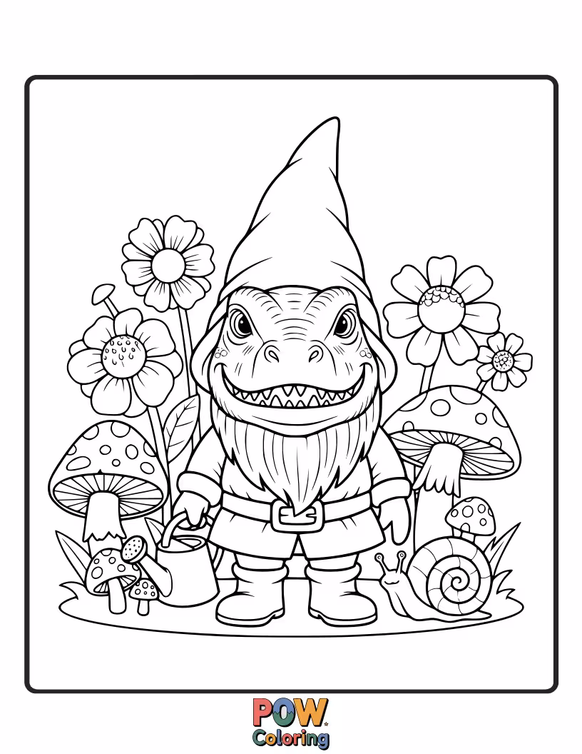 Free coloring page of A sweet Allosaurus dressed as a gardening gnome, holding a tiny watering can amongst oversized flowers.