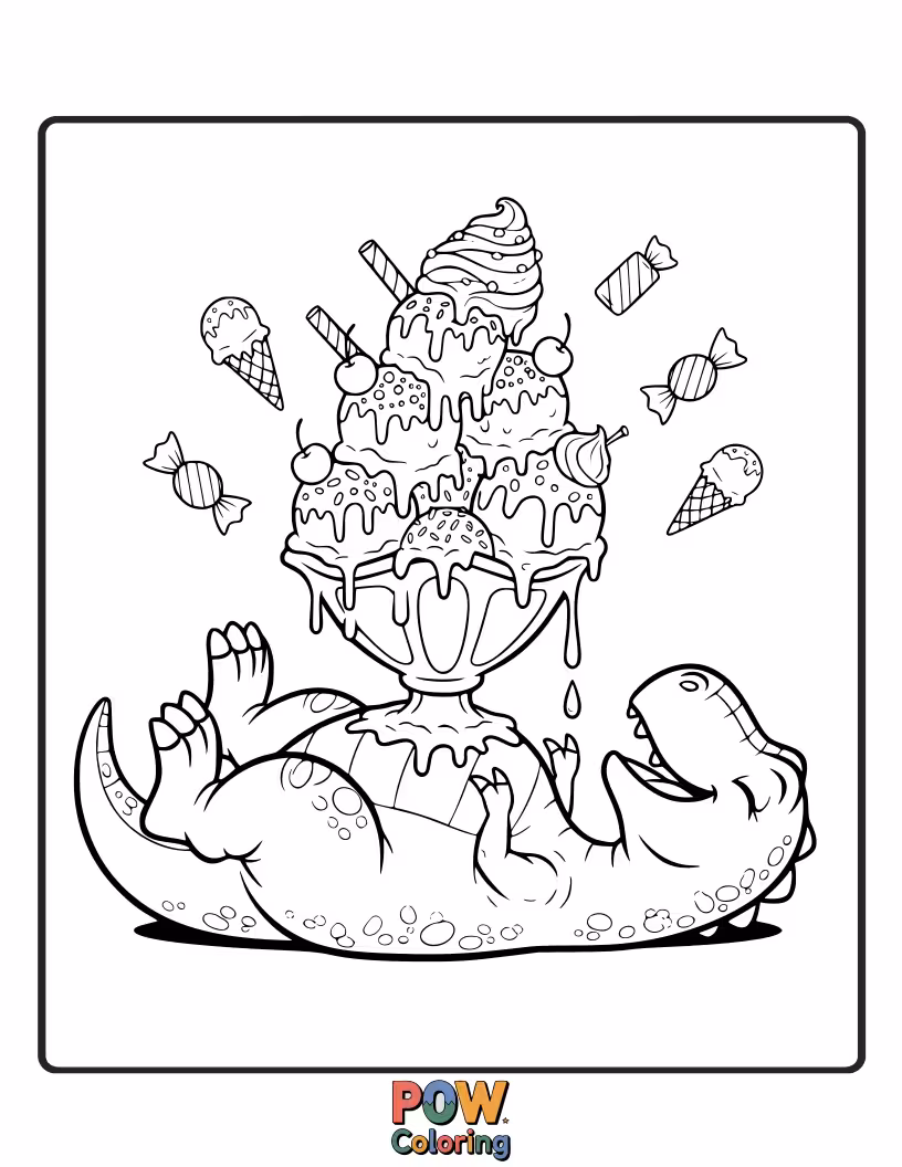 Free coloring page of A delighted Allosaurus with a huge ice cream cone, drips of sweetness falling. A deliciously fun and cool design.