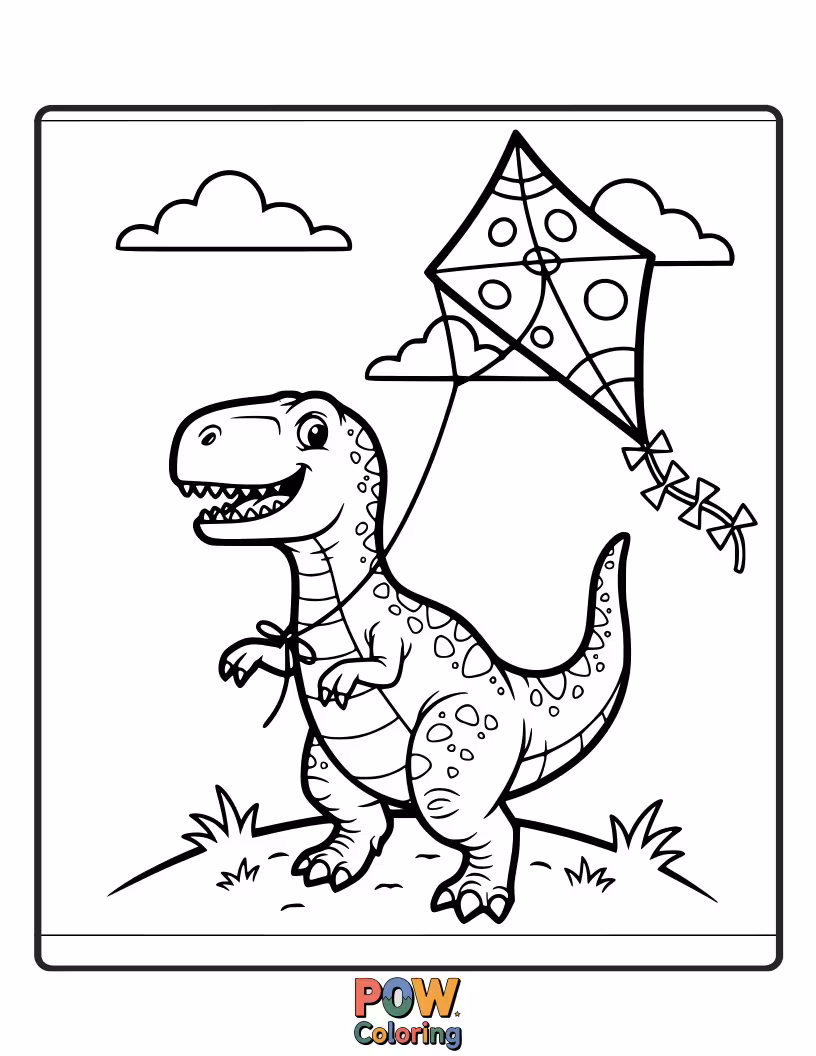 Free coloring page of A triumphant Allosaurus holding a colorful kite soaring in the sky. A day of fun and freedom.