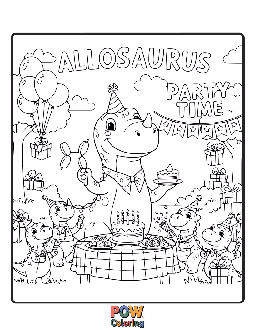 Free coloring page of A joyous Allosaurus adorned with a party hat and confetti, blowing a noisemaker. Celebrate with this festive dinosaur!