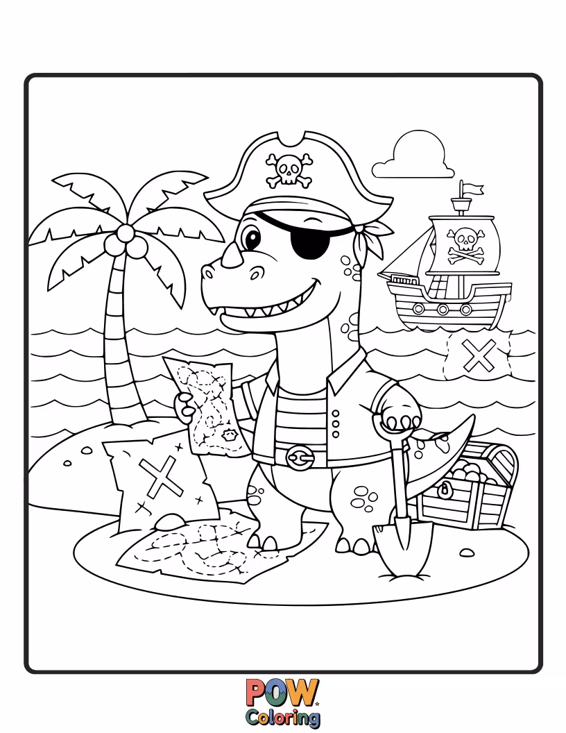 Free coloring page of This swashbuckling Allosaurus wears an eye patch and bandana, guarding a chest overflowing with shiny treasure.