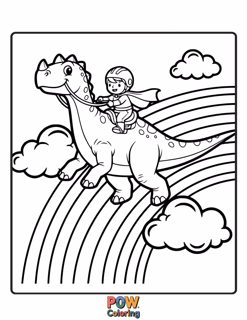 Free coloring page of An imaginative Allosaurus joyfully riding a vibrant rainbow. Imagine soaring through the sky on this colorful adventure!