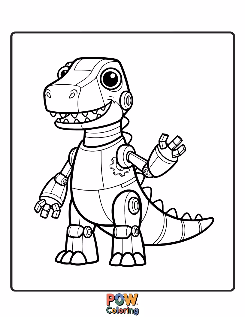 Free coloring page of A futuristic Allosaurus with robotic enhancements, befriending a small, friendly robot. A creative sci-fi adventure.