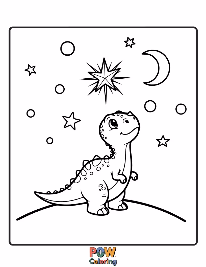 Free coloring page of An Allosaurus lying on its back, pointing at constellations with wonder. Explore the cosmos with this curious dino.