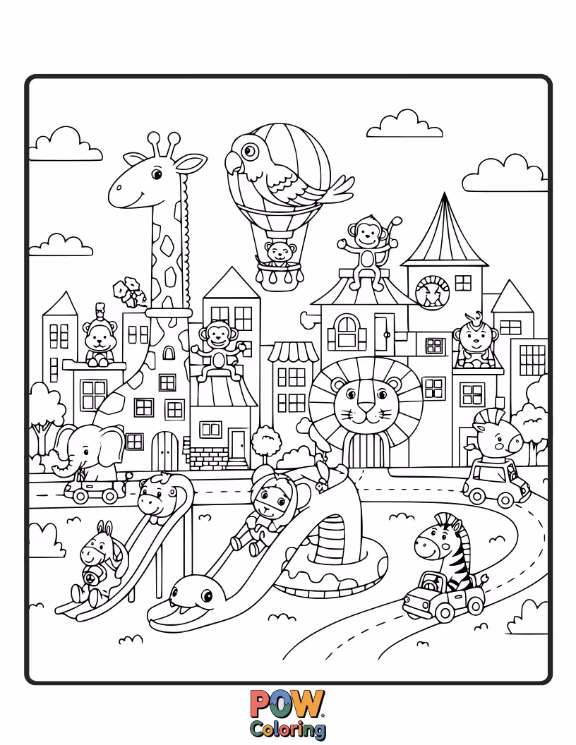 Free coloring page of Cute animal residents inhabit this lively city, with parks and homes designed for furry friends. Fun for all animal lovers!
