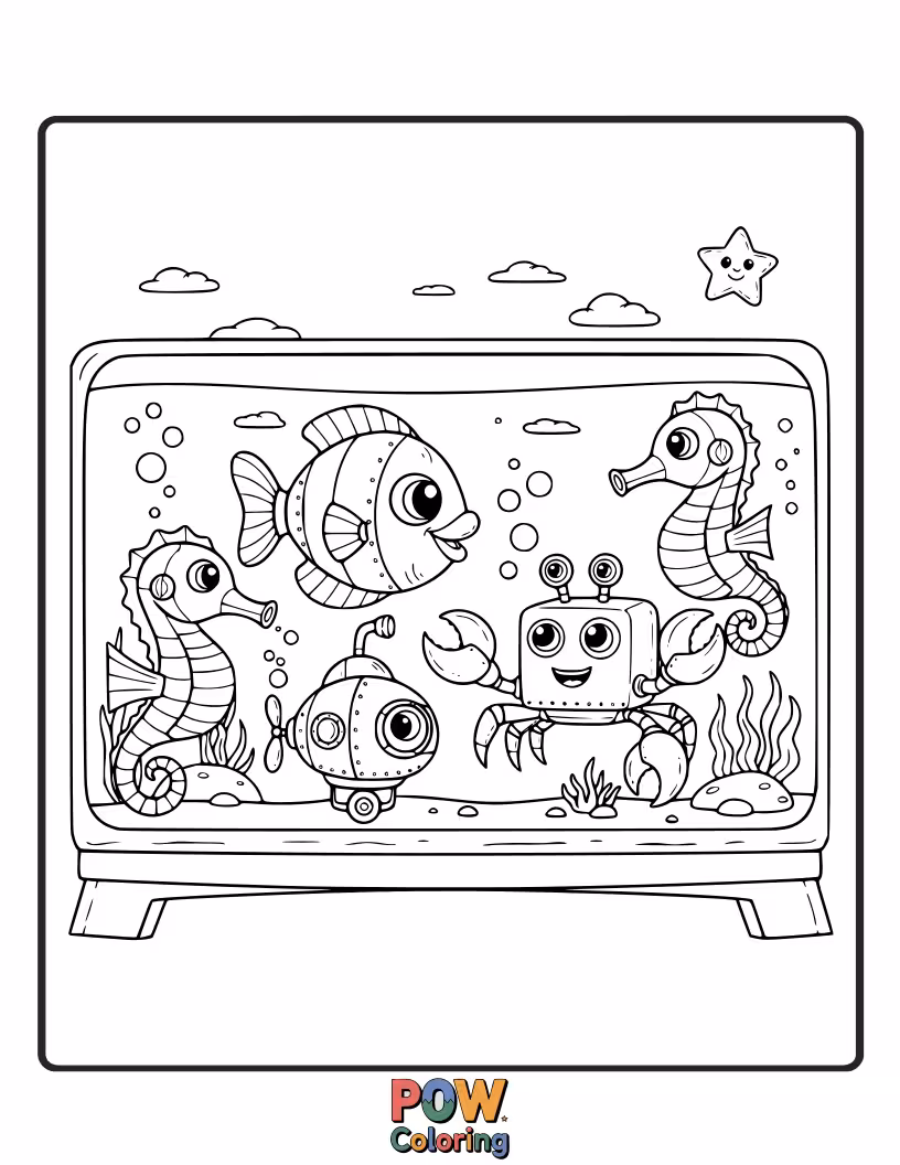 Free coloring page of Friendly robots designed to explore and care for the aquarium swim alongside playful fish. A futuristic underwater scene.