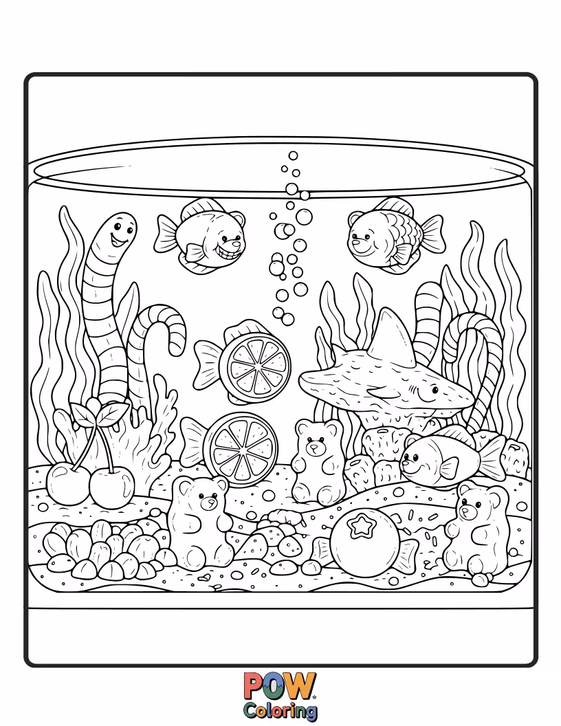 Free coloring page of Adorable gummy bear characters explore a sweet underwater candy garden. A playful and sugary aquarium adventure for little artists.