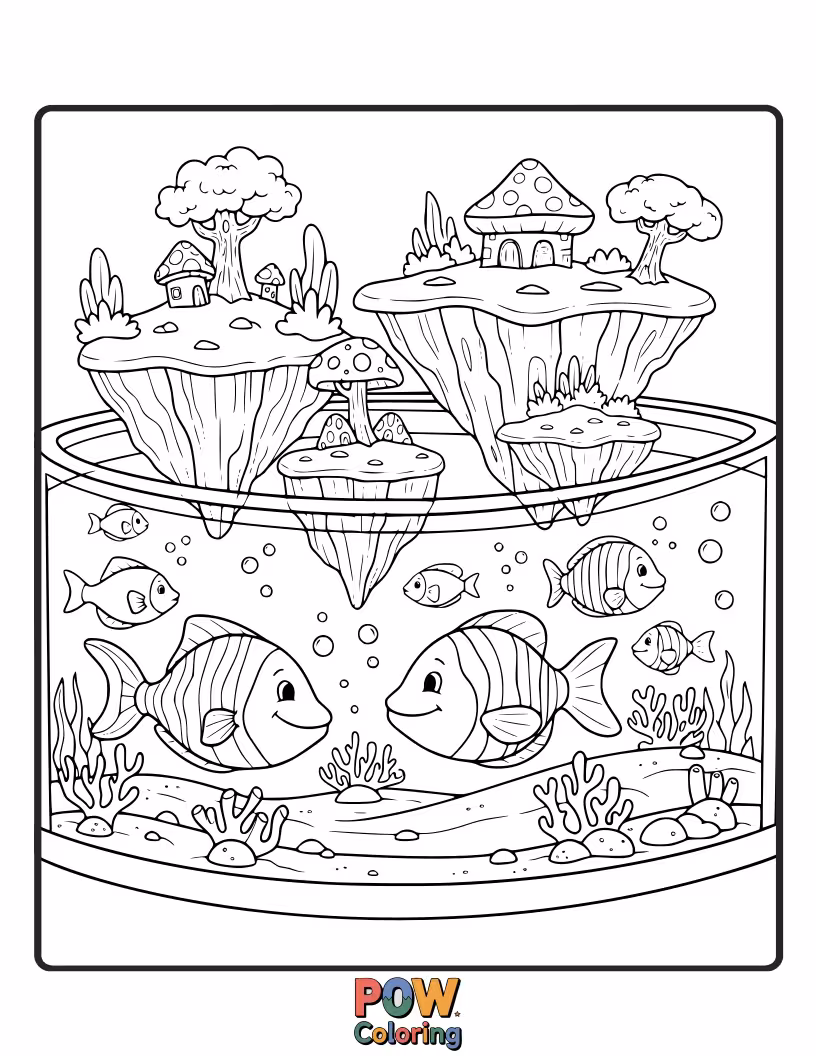 Free coloring page of Islands made of dreams float in an aquarium, with curious fish exploring them. Create an enchanted, aerial aquatic world.