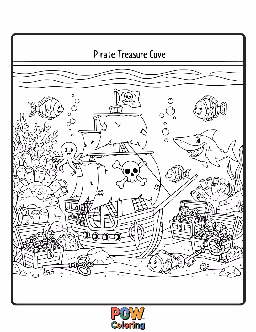 Free coloring page of Cartoon pirate fish guarding treasure chests in an underwater coral castle aquarium.