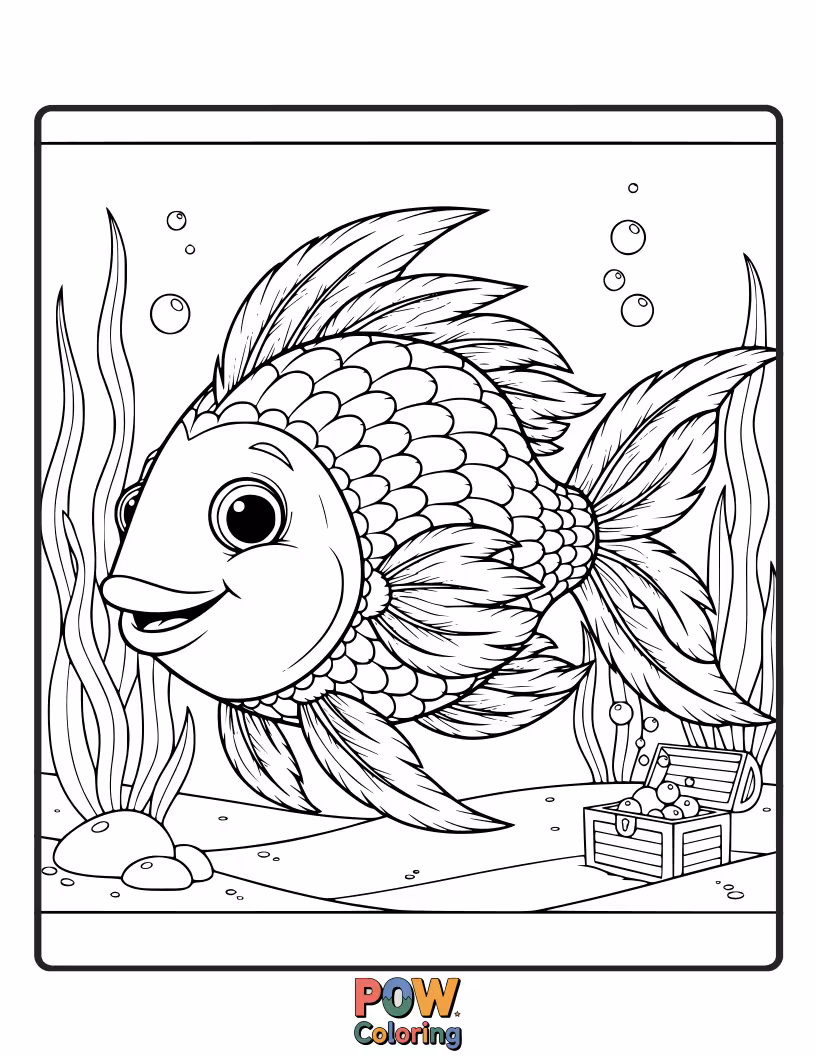 Free coloring page of Fish with beautiful, flowing rainbow feathers swim through vibrant seaweed. Imagine their majestic flight underwater.