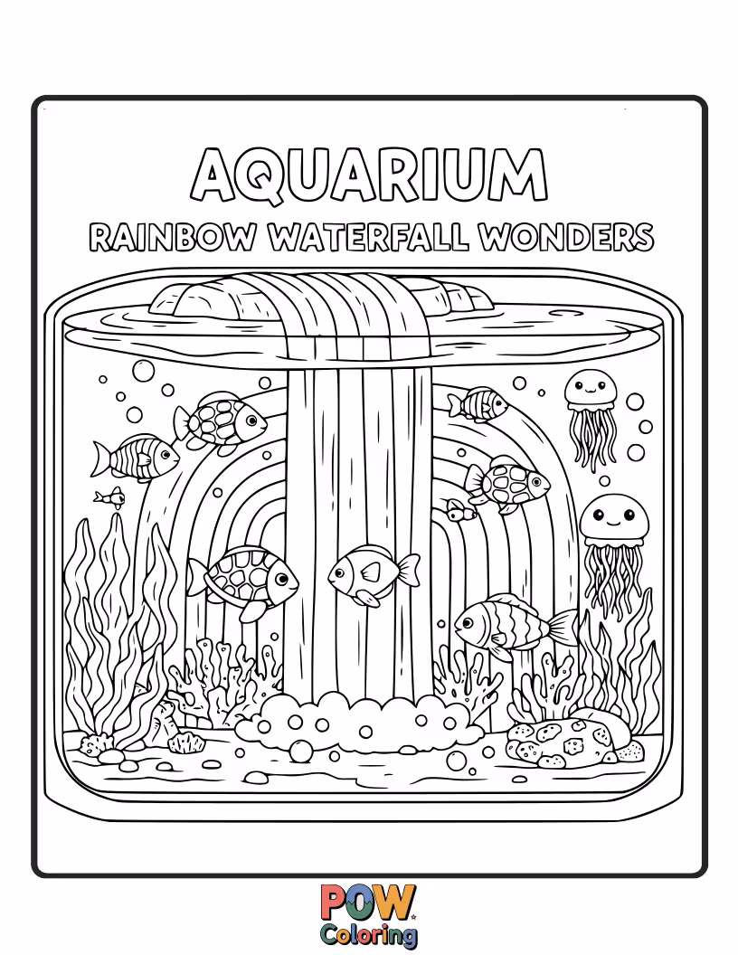 Free coloring page of Fish swim behind a shimmering rainbow waterfall in a magical aquarium. Create a cascade of color and light.